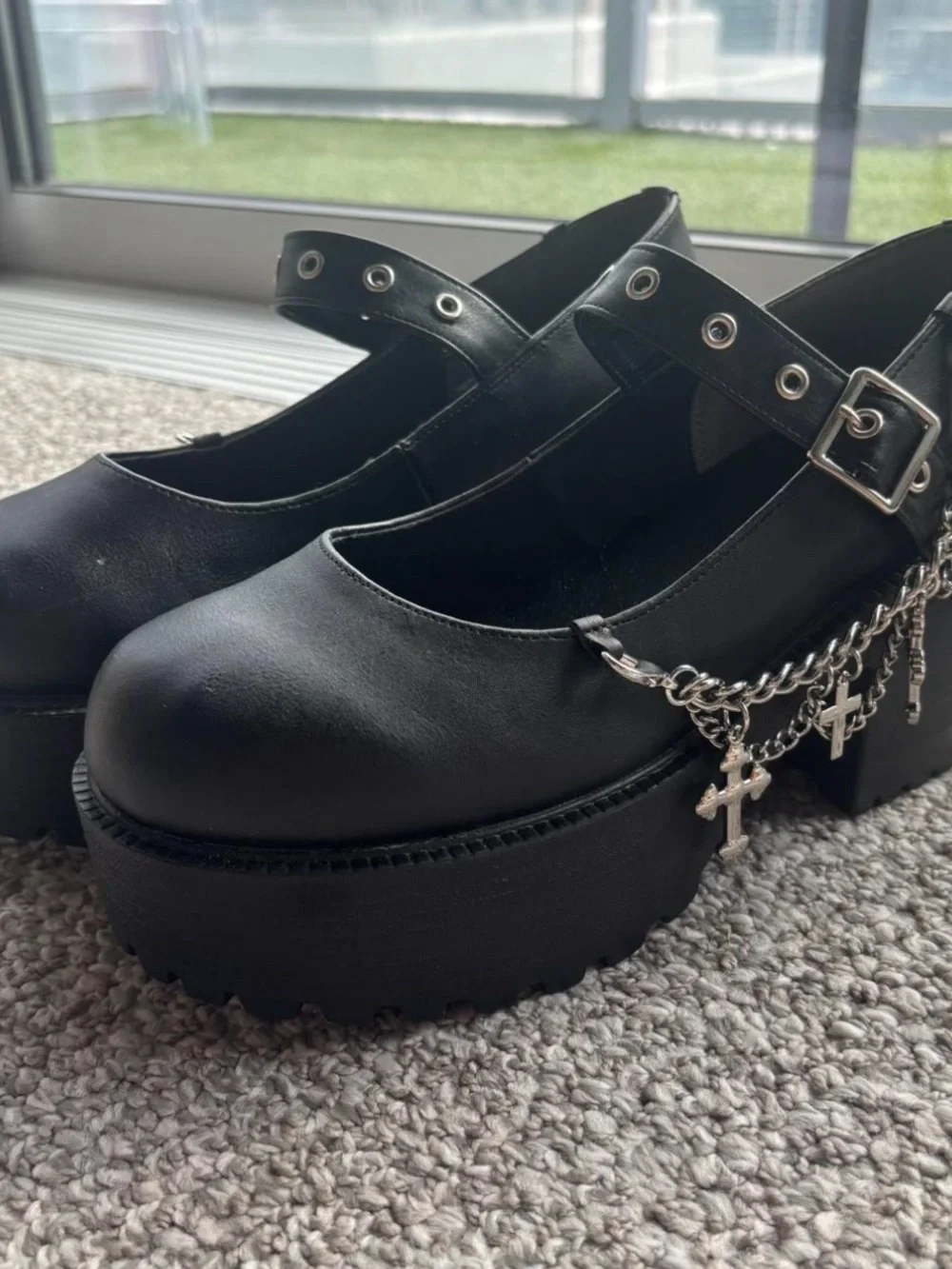Black Platform Mary Jane Shoes with Cross Chain Accent